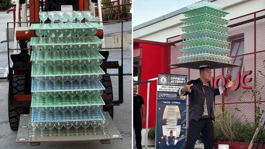 Wine glasses — Cyprus Dancer Sets New Guinness Record with 511 Wine Glasses Balanced on Head